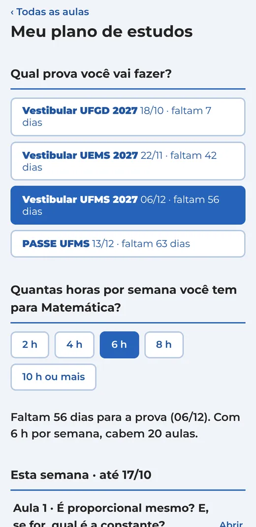 Tela do plano de estudos: aulas distribuídas por semana até a data da prova.