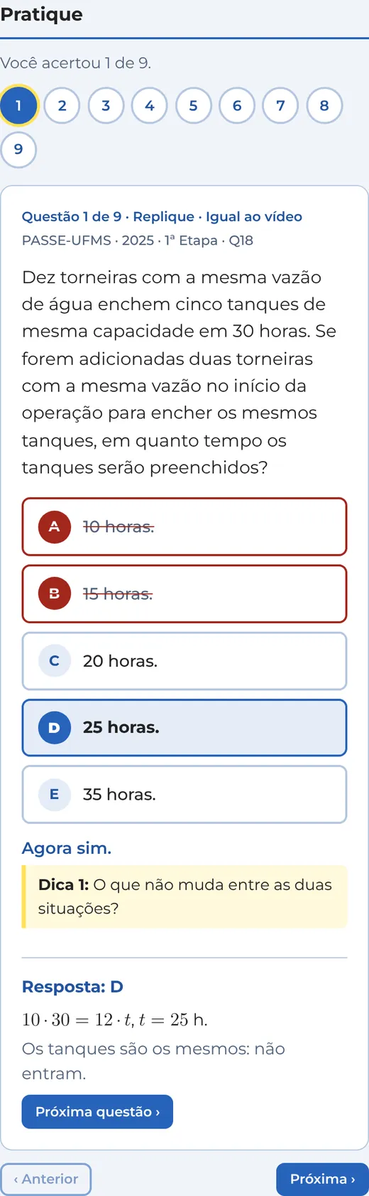 Tela do Pratique: questão de vestibular com alternativas, uma dica aberta e a resposta comentada.